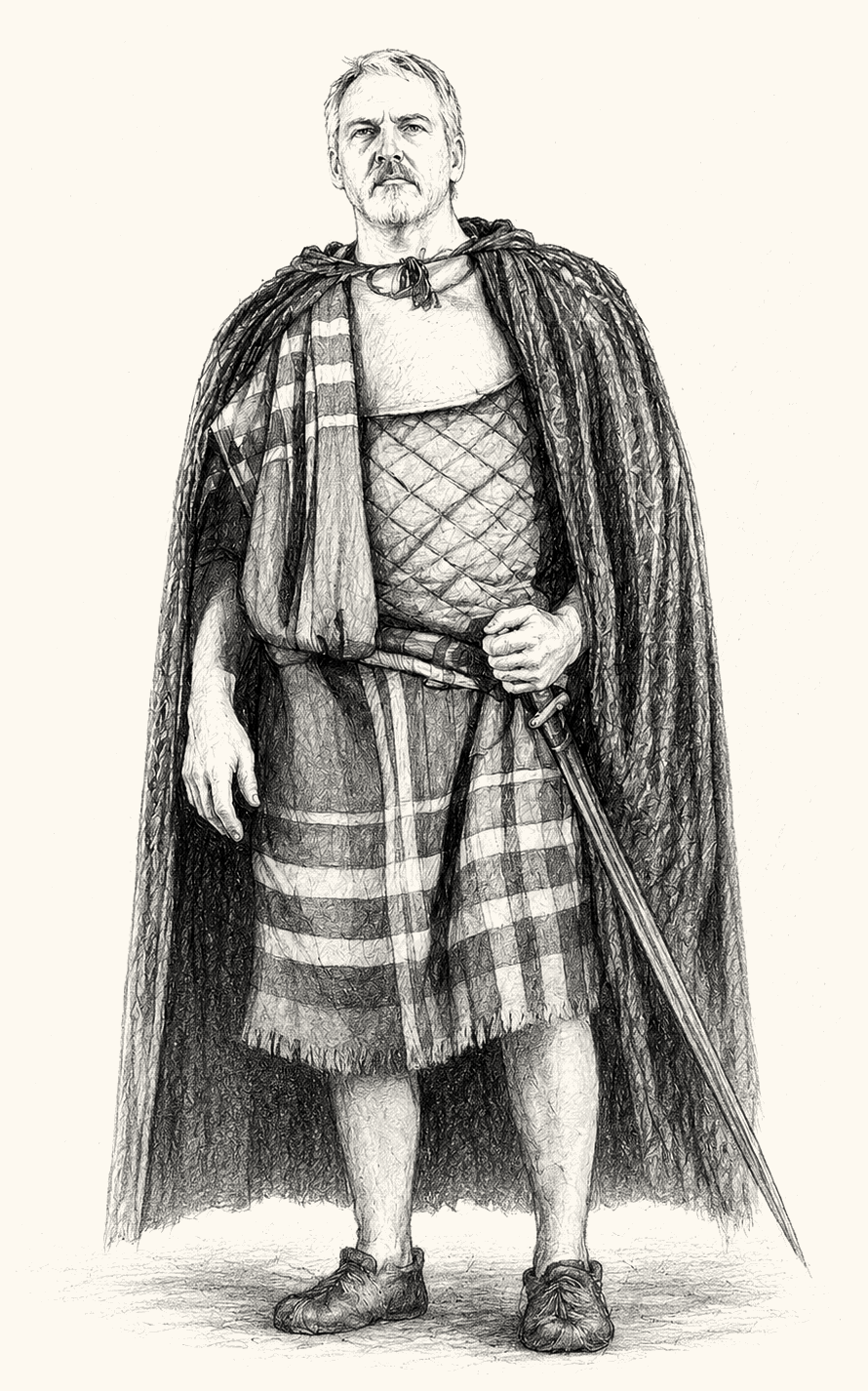 Pencil-and-ink sketch portrait of Banquo in Highland dress (cloak, quilted tunic, and sheathed sword), signed A. Moreau 2024